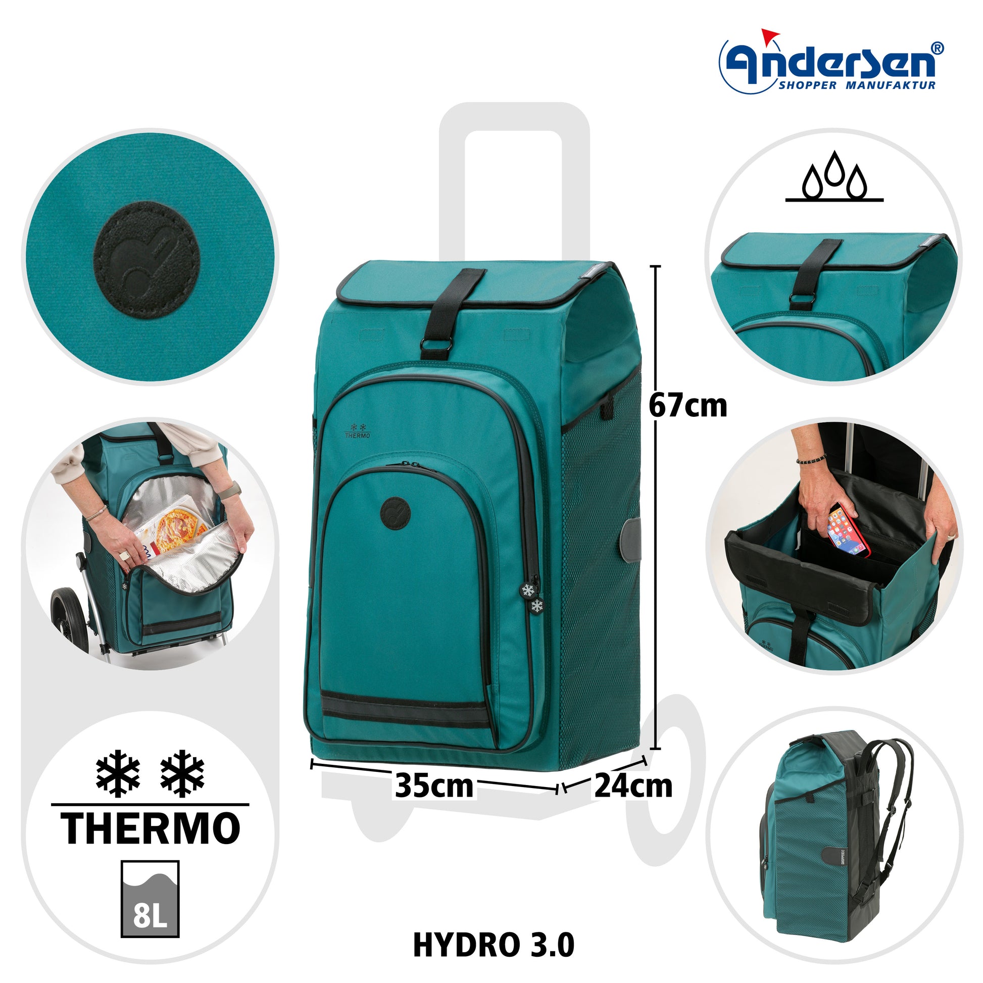 Andersen-Royal Shopper Plus Hydro 3.0 - Petrol - Kugellagerrad 25 cm-shopping-trolley.ch