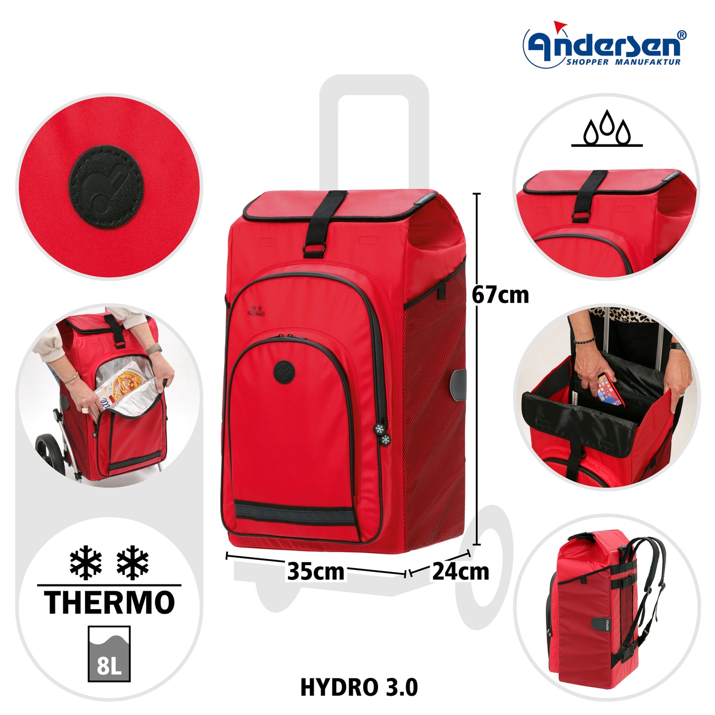 Andersen-Royal Shopper Plus Hydro 3.0 - Rot - Kugellagerrad 25 cm-shopping-trolley.ch